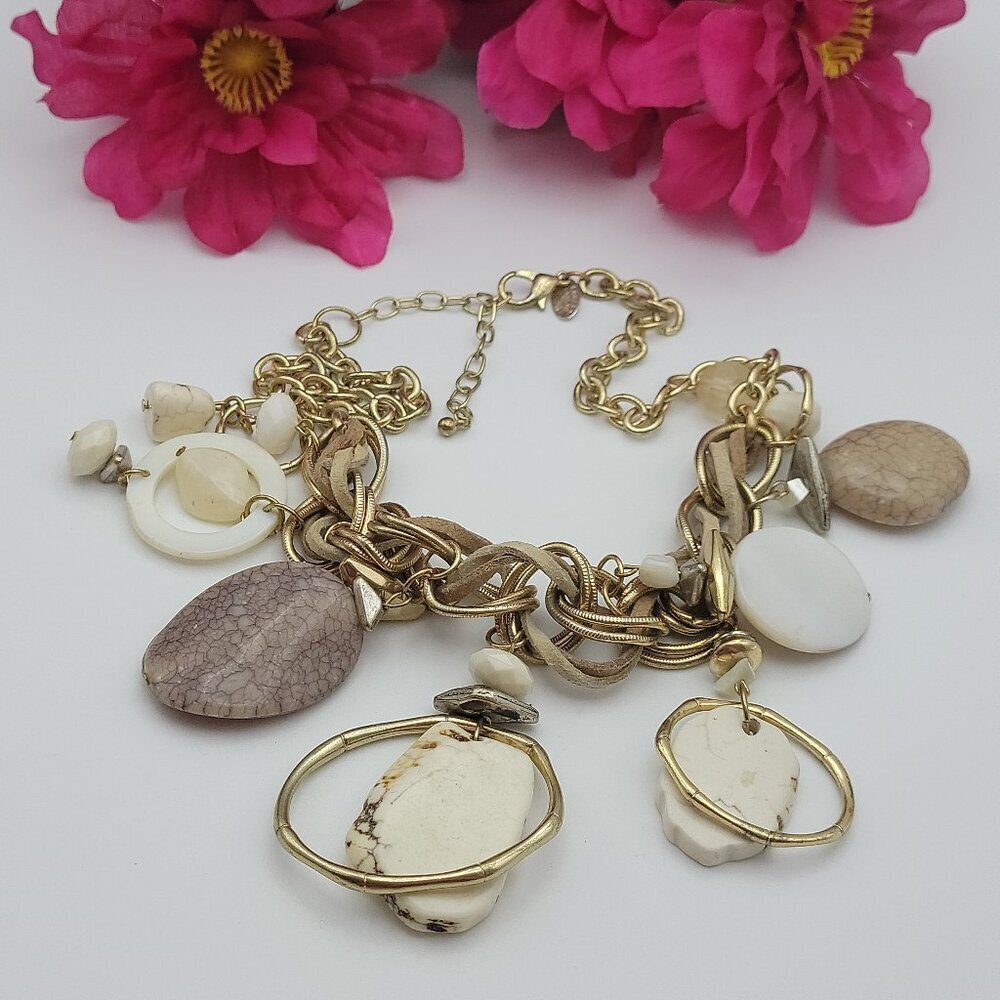 Laura Ashley Gold Tone Chunky Chain Stone MOP Multi Charm Necklace 20" Brutalist